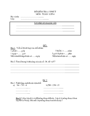 Đề kiểm tra 15 phút môn Toán lớp 4